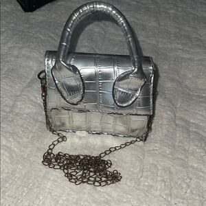 Silver Croc-Embossed Chain Bag